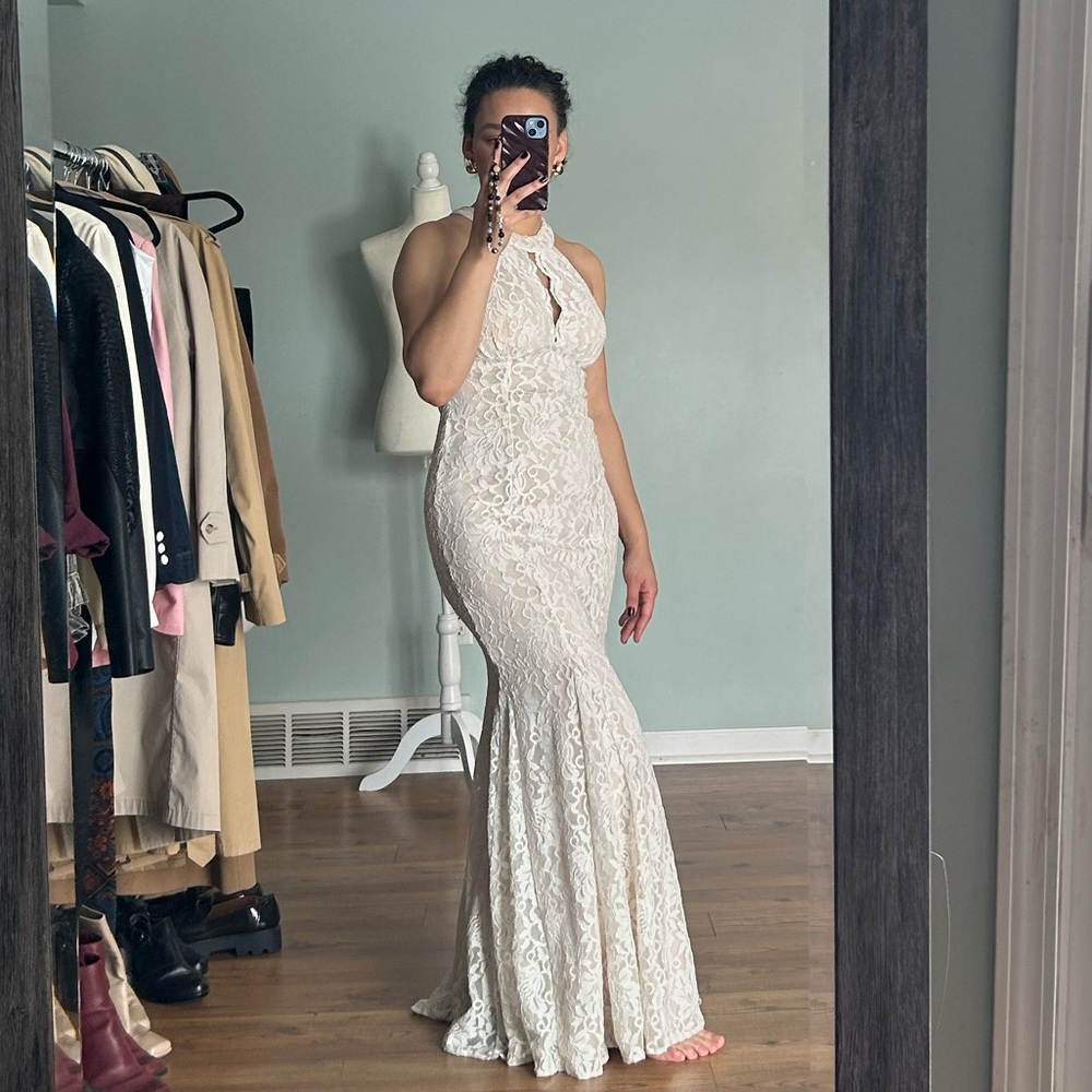 White lace champagne color gown